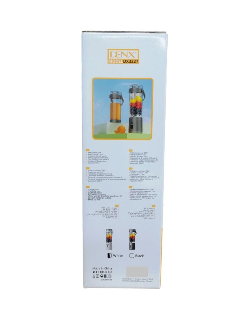 Denx 600ml Portable Blender, Electric Juicer, Fruit Blender, 2600mAh Rechargeable Battery via USB Port, Mini Smoothie Blender, 50W Personal Juicer - Image 3